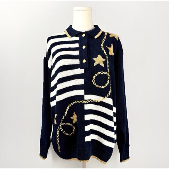 Vintage 90s Nautical Cardigan L Navy Gold French Sailor Cable Rope Breton Stripe - Picture 1 of 11